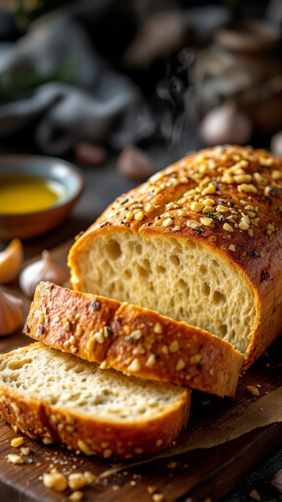 A loaf of roasted garlic artisan bread with a golden crust, sliced to reveal the soft interior, on a wooden cutting board with olive oil.